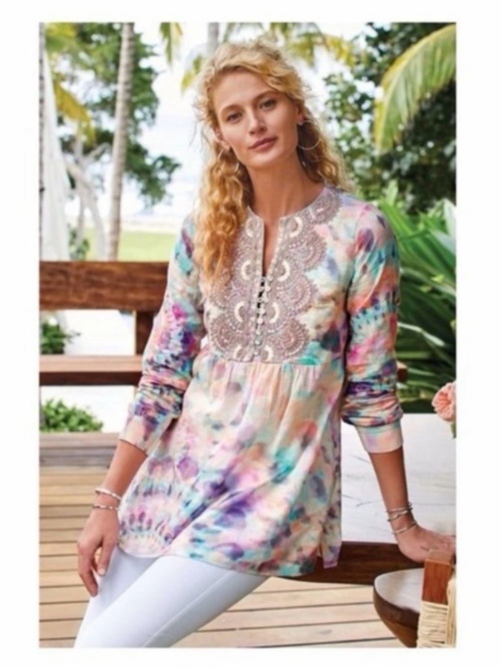 Soft Surroundings Bazille Hand Beaded Embellished Tie Dye Tunic